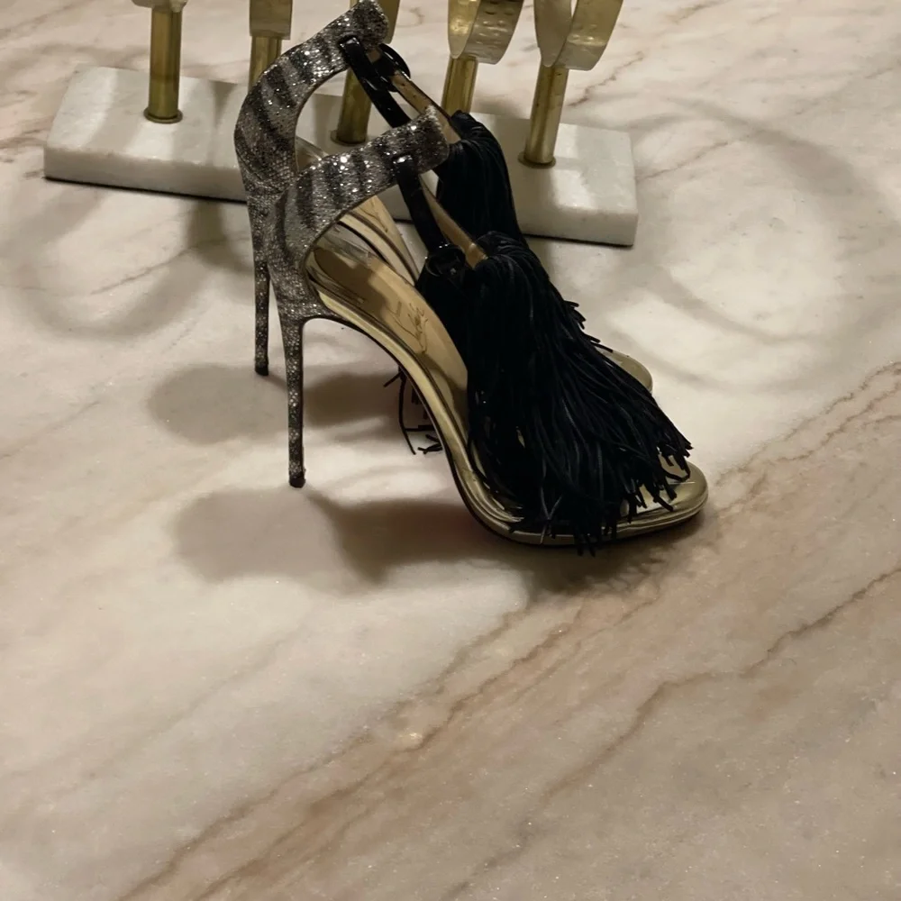 Christian Louboutin Silver Heels with Black Tassels - Picture 1 of 7